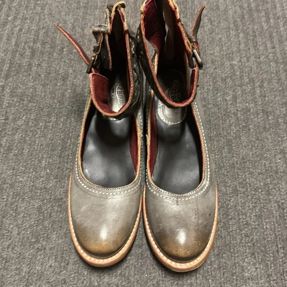 Freebird Gray and Brown Flats with Distressed Leather and Ankle Strap Si… - Picture 2 of 12